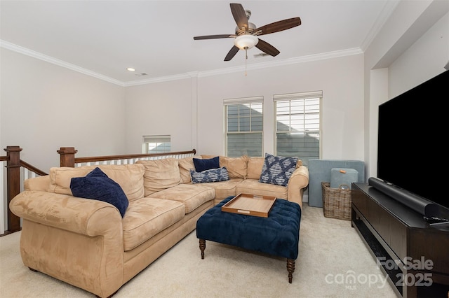 209 Helton Ln, Fort Mill, SC 29708 - living room featuring recessed lighting, light carpet, a ceiling fan, and ornamental molding