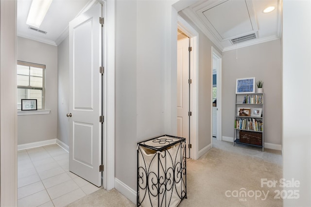 209 Helton Ln, Fort Mill, SC 29708 - hall with attic access, visible vents, crown molding, and baseboards