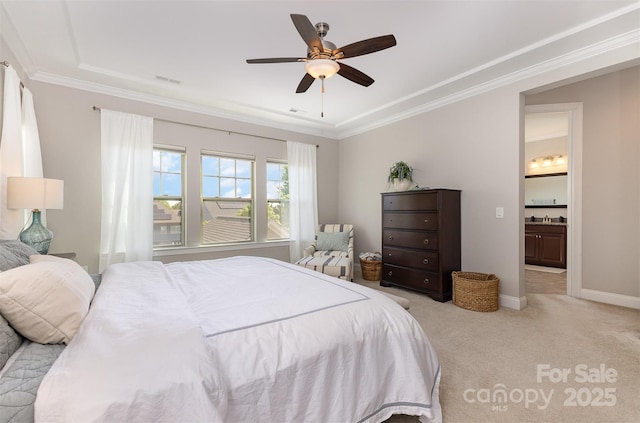 209 Helton Ln, Fort Mill, SC 29708 - carpeted bedroom with baseboards, a ceiling fan, ensuite bath, and crown molding