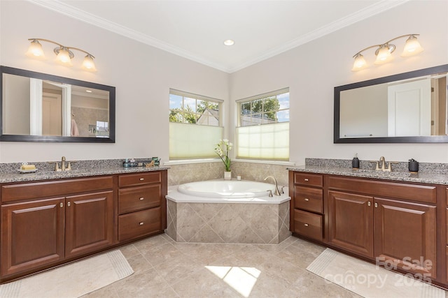 209 Helton Ln, Fort Mill, SC 29708 - bathroom with a sink, ornamental molding, two vanities, a garden tub, and tile patterned flooring