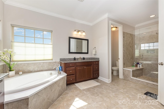 209 Helton Ln, Fort Mill, SC 29708 - full bath featuring a shower stall, crown molding, toilet, a bath, and vanity