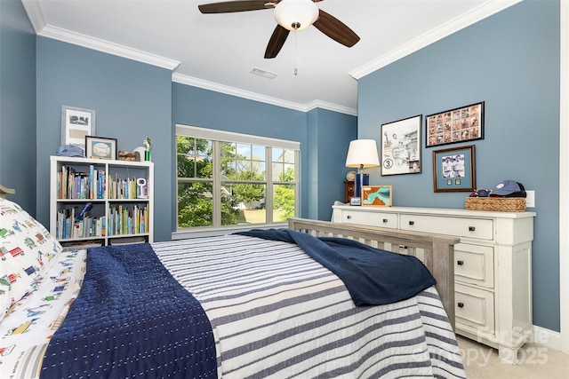 209 Helton Ln, Fort Mill, SC 29708 - bedroom featuring ceiling fan, crown molding, visible vents, carpet, and baseboards
