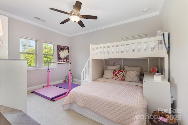 209 Helton Ln, Fort Mill, SC 29708 - bedroom featuring a ceiling fan, visible vents, carpet, baseboards, and ornamental molding