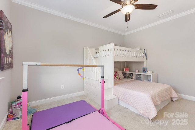 209 Helton Ln, Fort Mill, SC 29708 - carpeted bedroom with baseboards, visible vents, ceiling fan, and crown molding