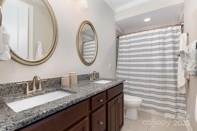 209 Helton Ln, Fort Mill, SC 29708 - bathroom featuring ornamental molding, toilet, a sink, and double vanity