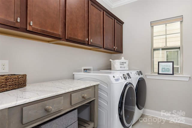 209 Helton Ln, Fort Mill, SC 29708 - washroom featuring baseboards, light tile patterned flooring, washer and dryer, ornamental molding, and cabinet space