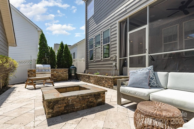 209 Helton Ln, Fort Mill, SC 29708 - view of patio featuring an outdoor living space with a fire pit, exterior kitchen, area for grilling, and a ceiling fan