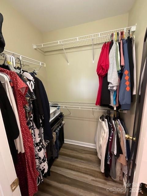 walk in closet with wood finished floors