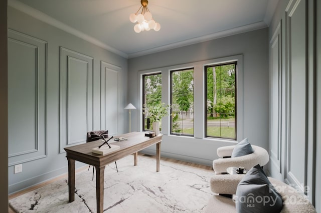 1807 Arnold Dr, Charlotte, NC 28205 - office space with crown molding, wood finished floors, a chandelier, and baseboards