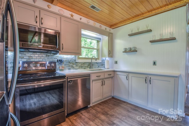 kitchen featuring a sink, wooden ceiling, stainless steel appliances, visible vents, and light countertops