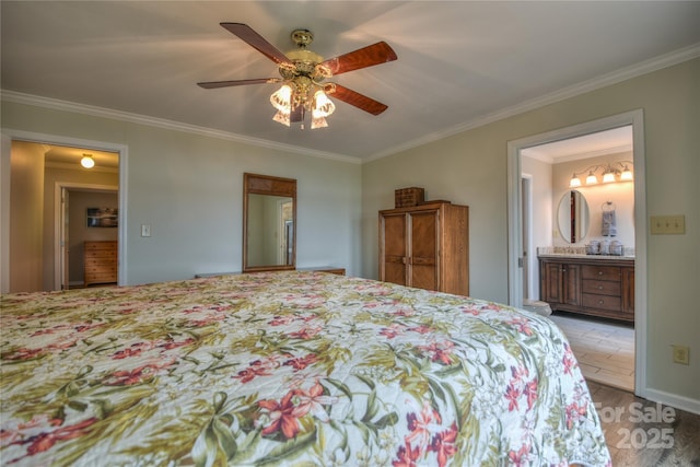 bedroom featuring crown molding, a ceiling fan, and ensuite bathroom