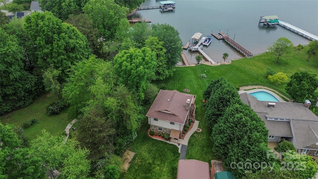 drone / aerial view with a water view