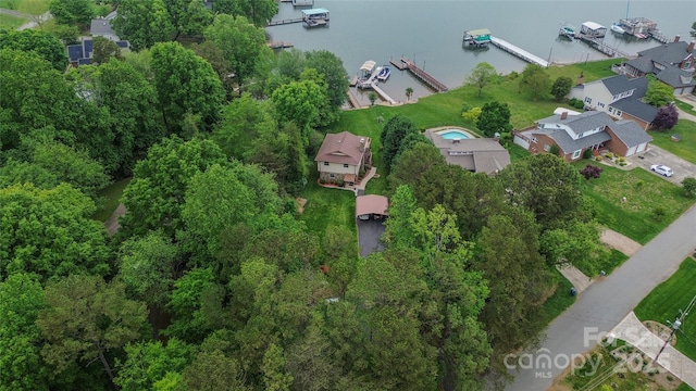aerial view with a water view and a residential view