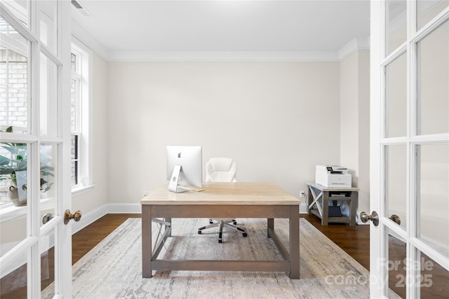 office space with ornamental molding, french doors, and wood finished floors