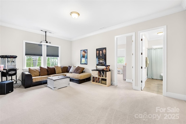 living room featuring baseboards, carpet flooring, visible vents, and crown molding