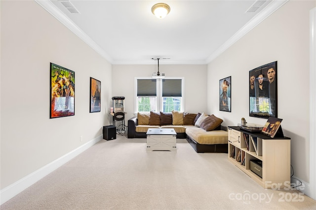 carpeted living area with baseboards, ornamental molding, and visible vents