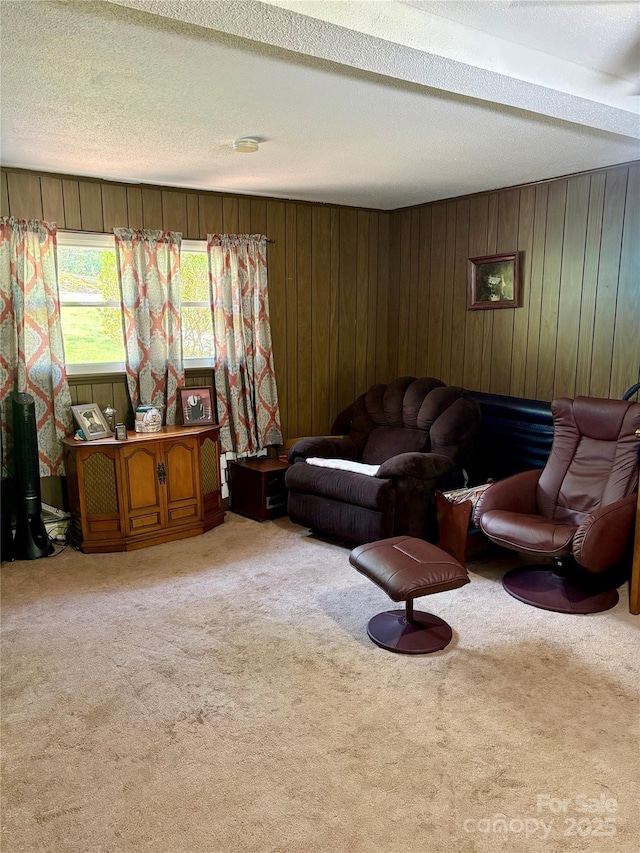 living room featuring wood walls and carpet floors