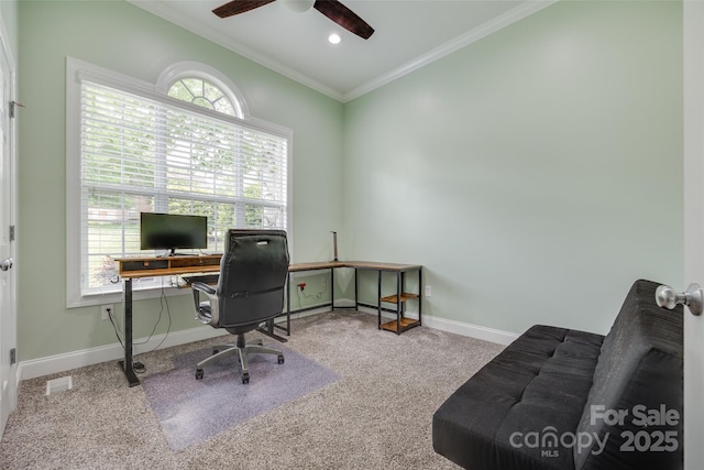 carpeted home office featuring crown molding, a ceiling fan, baseboards, and recessed lighting