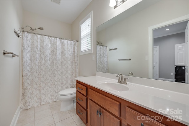 full bathroom featuring visible vents, tile patterned flooring, vanity, baseboards, and toilet
