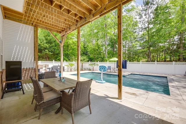 view of swimming pool featuring a fenced in pool, a fenced backyard, and a patio area