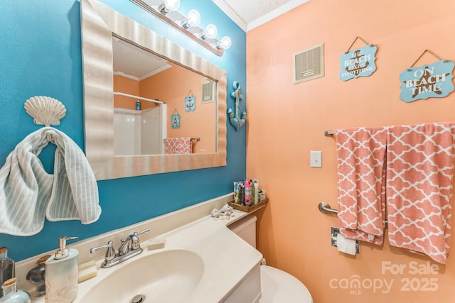 415 Ocean Creek Dr N Unit 2330, Myrtle Beach, SC 29572 - full bath with crown molding, a shower, a textured ceiling, and vanity
