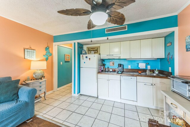 415 Ocean Creek Dr N Unit 2330, Myrtle Beach, SC 29572 - kitchen featuring white appliances, a textured ceiling, under cabinet range hood, a ceiling fan, and ornamental molding