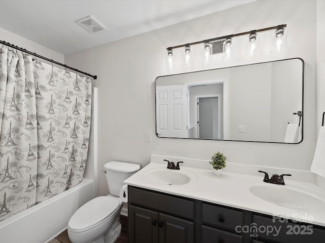 bathroom with double vanity, shower / bathtub combination with curtain, visible vents, and a sink