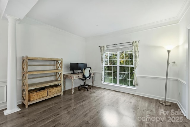 6723 Joliette Ln, Charlotte, NC 28277 - office area featuring ornamental molding, decorative columns, and wood finished floors