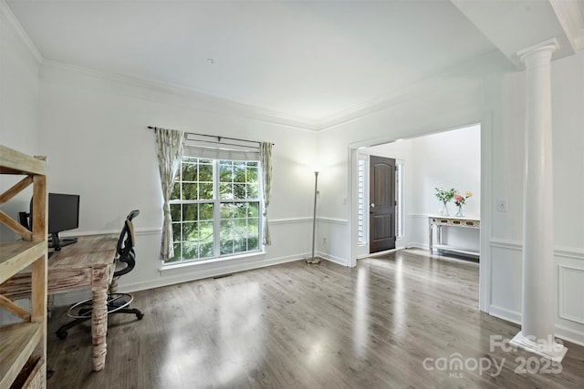 6723 Joliette Ln, Charlotte, NC 28277 - unfurnished office featuring decorative columns, ornamental molding, and wood finished floors