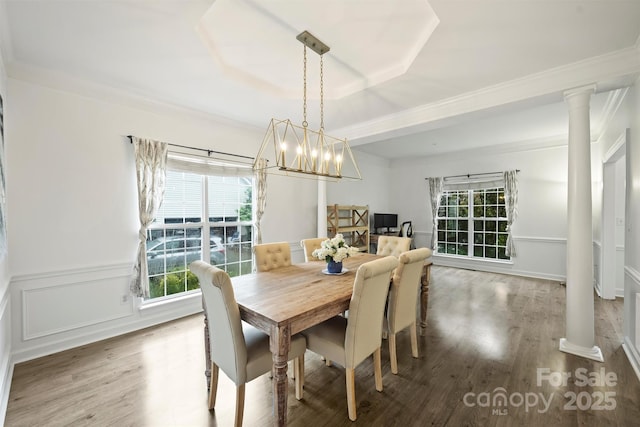 6723 Joliette Ln, Charlotte, NC 28277 - dining space with plenty of natural light, wood finished floors, decorative columns, a wainscoted wall, and a chandelier