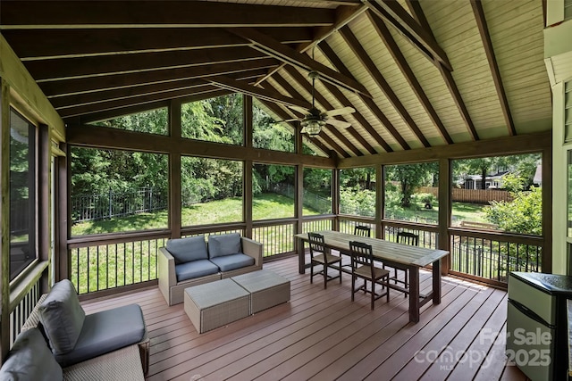 6723 Joliette Ln, Charlotte, NC 28277 - sunroom featuring vaulted ceiling, ceiling fan, and an outdoor hangout area