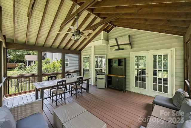 6723 Joliette Ln, Charlotte, NC 28277 - sunroom with ceiling fan, french doors, outdoor dining area, and lofted ceiling
