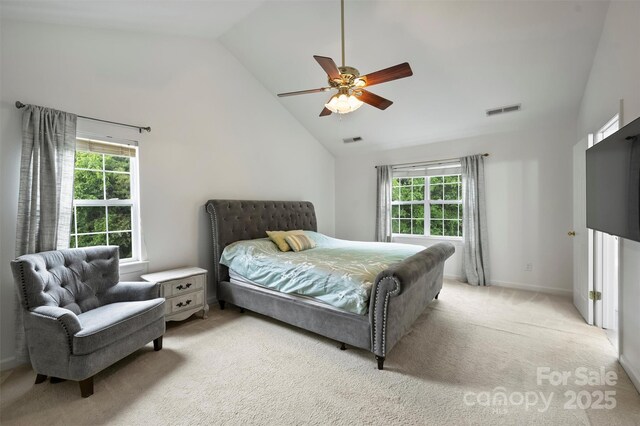 6723 Joliette Ln, Charlotte, NC 28277 - bedroom with multiple windows, light carpet, high vaulted ceiling, and ceiling fan