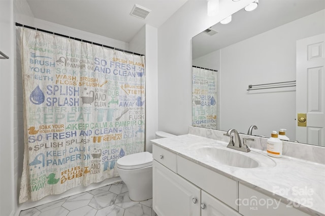 6723 Joliette Ln, Charlotte, NC 28277 - bathroom with marble finish floors, toilet, vanity, and a shower with shower curtain