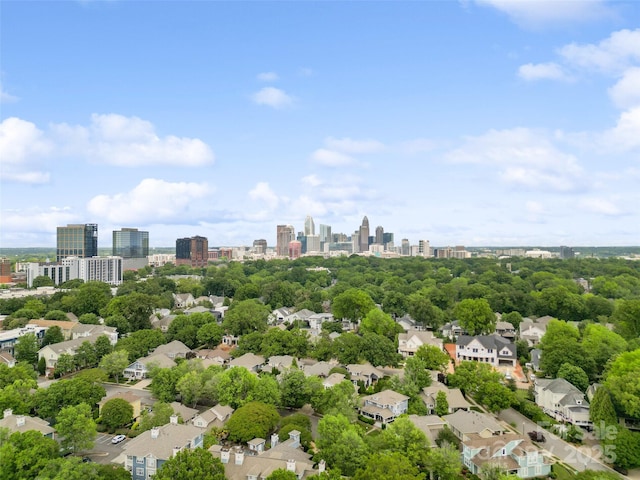 drone / aerial view of a view of skyline and a tree filled landscape