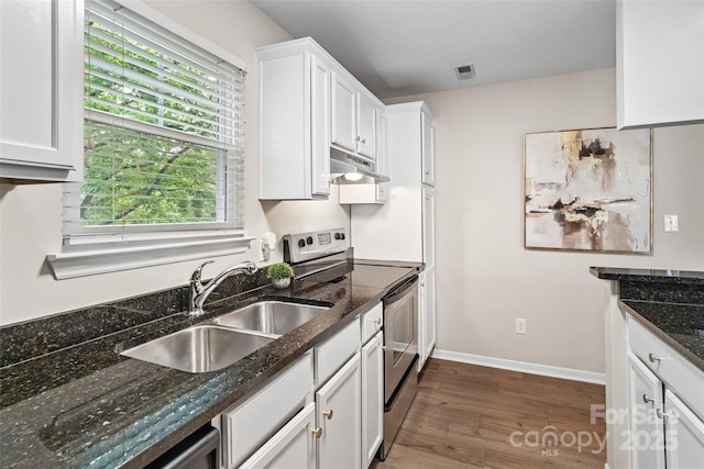 kitchen featuring electric stove, under cabinet range hood, a sink, wood finished floors, and white cabinetry