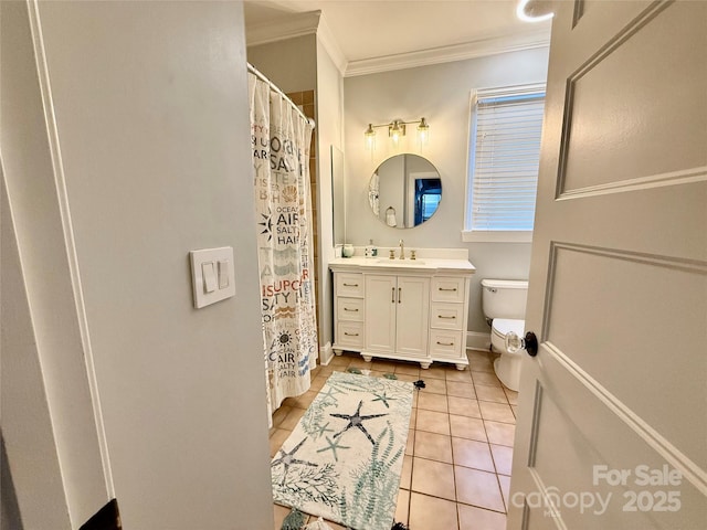 19409 Laurel Glen Ave, Cornelius, NC 28031 - bathroom with crown molding, curtained shower, tile patterned floors, vanity, and toilet