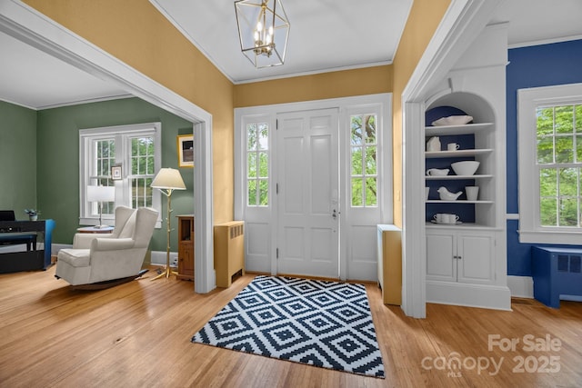 100 Poplar Spring Trl, Hendersonville, NC 28739 - foyer entrance with radiator, a chandelier, light wood-type flooring, and crown molding