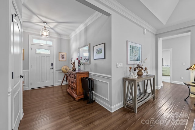 11621 Mount Argus Dr, Cornelius, NC 28031 - entryway with plenty of natural light, dark wood-type flooring, wainscoting, ornamental molding, and a decorative wall