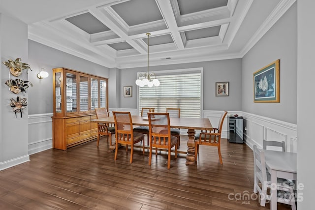 11621 Mount Argus Dr, Cornelius, NC 28031 - dining area with dark wood-style floors, a chandelier, coffered ceiling, ornamental molding, and beam ceiling