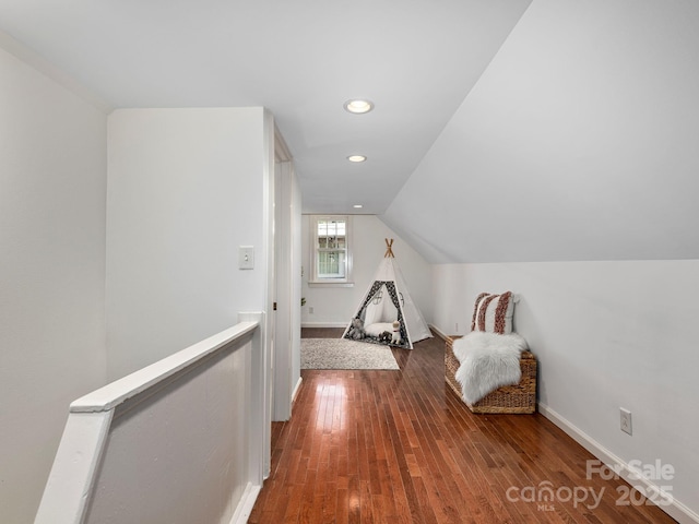 21 Clairmont Ave, Asheville, NC 28804 - hallway featuring wood finished floors, an upstairs landing, lofted ceiling, baseboards, and recessed lighting