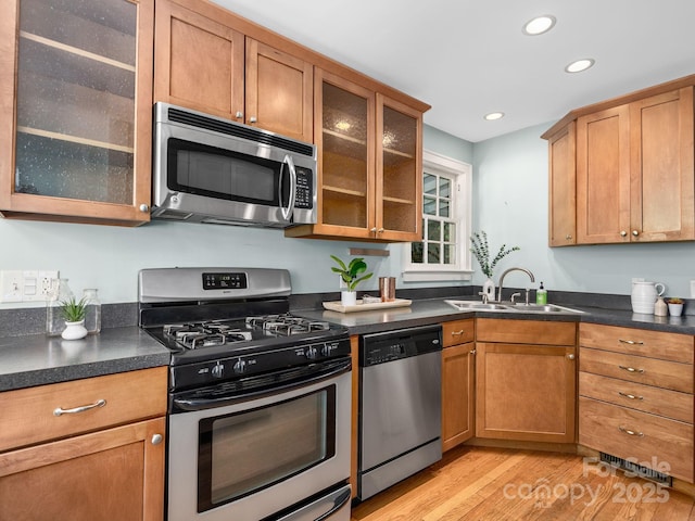 21 Clairmont Ave, Asheville, NC 28804 - kitchen with stainless steel appliances, a sink, light wood-style flooring, recessed lighting, and dark countertops