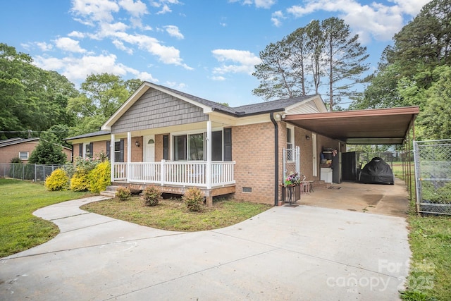1211 Mirror Park Dr, Salisbury, NC 28146 - ranch-style house with concrete driveway, fence, covered porch, and brick siding