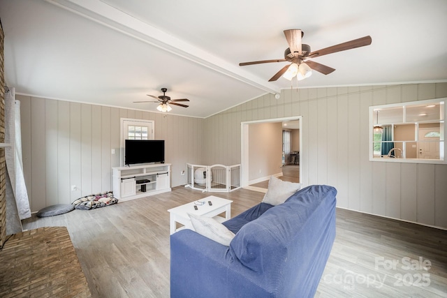 1211 Mirror Park Dr, Salisbury, NC 28146 - living room featuring wood finished floors, ceiling fan, and lofted ceiling with beams