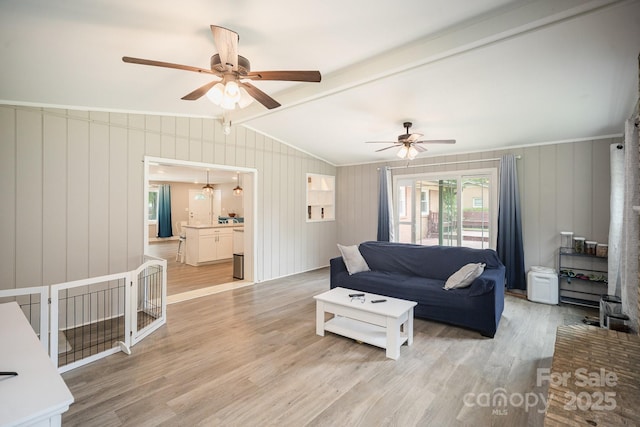 1211 Mirror Park Dr, Salisbury, NC 28146 - living room with light wood-type flooring, vaulted ceiling with beams, and ceiling fan