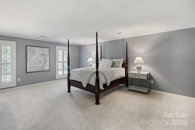 1721 White Pond Ln, Waxhaw, NC 28173 - carpeted bedroom with a textured ceiling, multiple windows, crown molding, and baseboards
