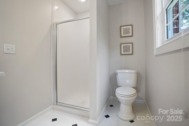 1721 White Pond Ln, Waxhaw, NC 28173 - bathroom with a stall shower, toilet, baseboards, and tile patterned flooring