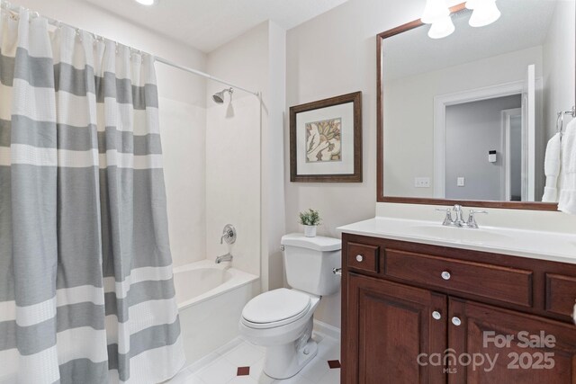1721 White Pond Ln, Waxhaw, NC 28173 - full bathroom with toilet, shower / bathtub combination with curtain, vanity, and tile patterned flooring