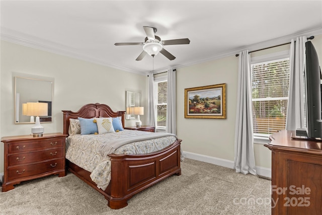 7923 Mountain Shore Dr, Sherrills Ford, NC 28673 - bedroom featuring baseboards, light carpet, crown molding, and a ceiling fan