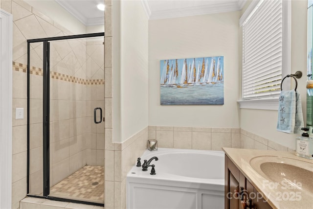 7923 Mountain Shore Dr, Sherrills Ford, NC 28673 - full bathroom with ornamental molding, a stall shower, a bath, and vanity